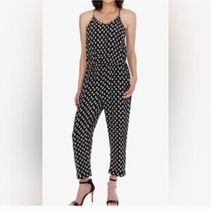 Lucky Brand Jumpsuit  M Black Tan Ditzy Floral Pattern Pull On Pockets